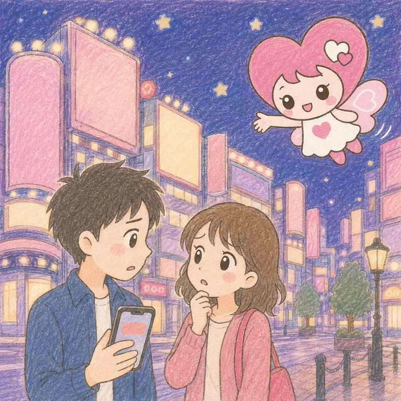 夜の繁華街で困っているカップルのもとへ、ホラブちゃんが笑顔で駆けつけている様子