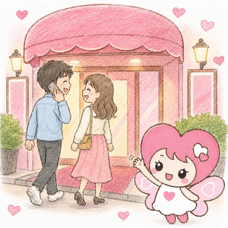 ホテルの入口に向かって笑顔で歩くカップルを、ホラブちゃんが手を振って見送っている様子