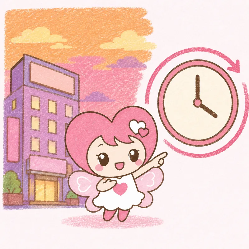 夕暮れのホテルと時計を背景に、ホラブちゃんが安心させるような表情をしている様子