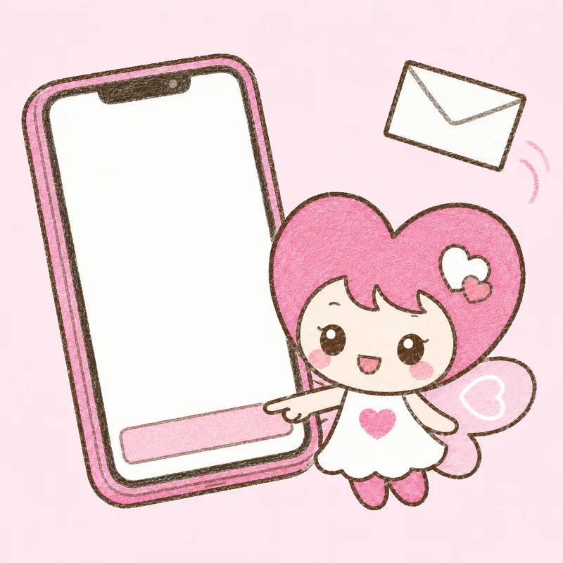 スマートフォンの下部にある帯をホラブちゃんが指差し、右上に封筒が飛んでいる様子